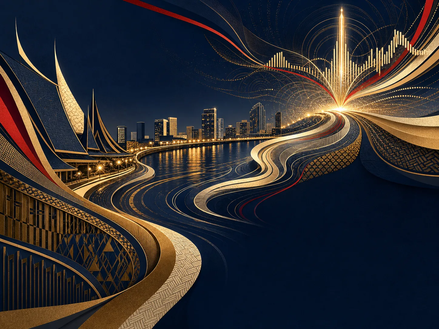 Graphic interpretation of Phnom Penh in motion through river, architecture and waves of light
